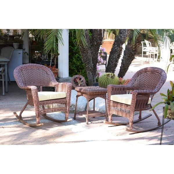 W00205R-C-2-RCES001 Honey Rocker Wicker Chair Set with Ivory Cushion - 3 Piece, Jeco, Mfr#: W00205R-C_2-RCES001