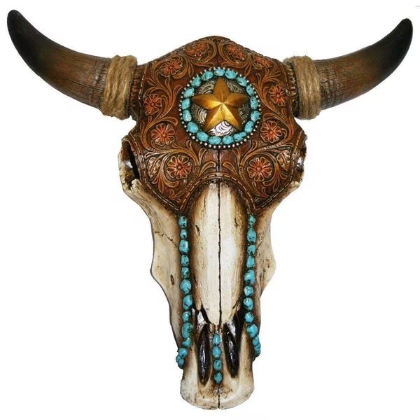 Bull Skull with Tooled Leather Home Decor - 12 x 3.5 x 13 in., Perfectpillows, Mfr#: PE1825842
