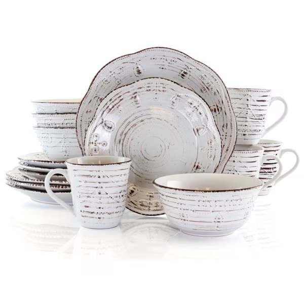 Rustic Birch Stoneware Round Dinnerware Set - White - 16 Piece, Fastfood, Mfr#: FA2614836