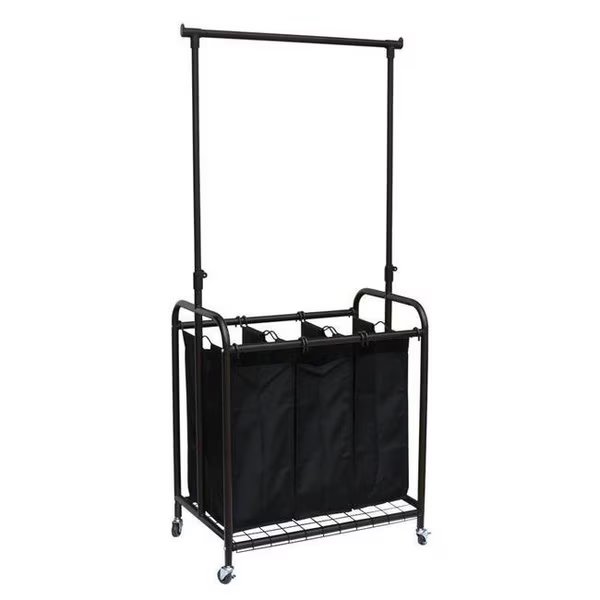 Oceanstar TLS1385 3-Bag Rolling Laundry Sorter with Adjustable Hanging Bar; Bronze, Oceanstar, Mfr#: TLS1385