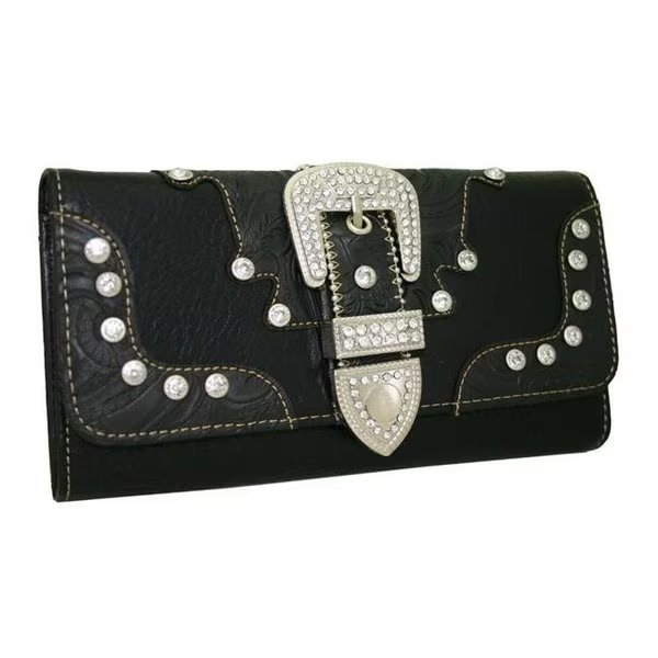 Ritz WB146-BK Western Rhinestone Bling Belt Buckle Trifold Wallet - Black, Ritz, Mfr#: WB146-BK