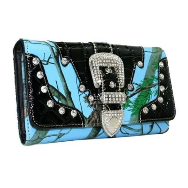 Ritz WB146-BLU-CAM Camouflage Western Women Trifold Wallet Rhinestone Bling Buckle - Blue & Camo, Ritz, Mfr#: WB146-BLU/CAM