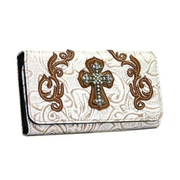 Ritz WC99-WT-BRN Western Rhinestone Bling Cross Trifold Wallet - White & Brown Trim, Ritz, Mfr#: WC99-WT/BRN