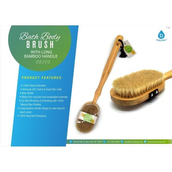 Bath Body Brush with Long Bamboo Handle & Natural Boars Bristles, Pursonic, Mfr#: DB200