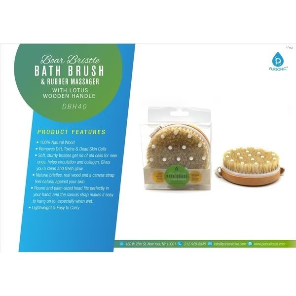 Boar Bristle Bath Brush & Rubber Massager with Lotus Wooden Handle, Pursonic, Mfr#: DBH40