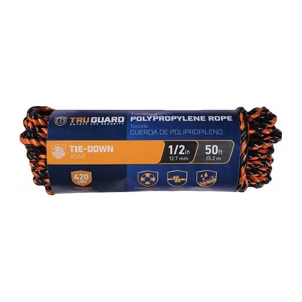 0.5 x 50 ft. Tru-Guard Black & Orange Twisted Polypropylene Truck Rope, Mibro Group, Mfr#: 231728