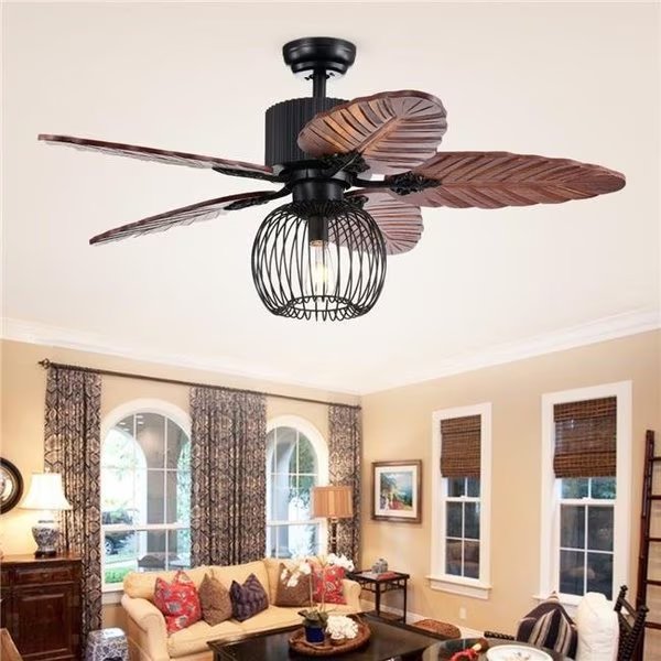 Warehouse of Tiffany CFL-8388REMO-B 48 in. Aguano Lighted Ceiling Fan & Broad Leaf Blades; Black, Warehouse Of Tiffany, Mfr#: CFL-8388REMO/B