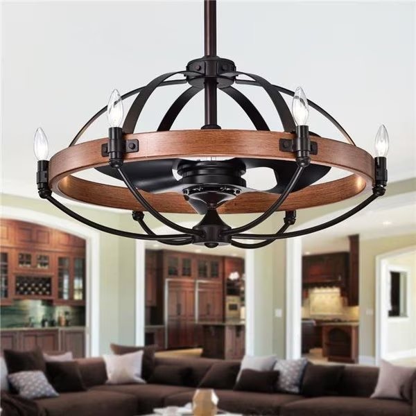 Warehouse of Tiffany CFL-8375REMO 30 in. Gredis 6-Light Lighted Ceiling Fan Fandelier with Faux-Wood Hoop; Black, Warehouse Of Tiffany, Mfr#: CFL-8375REMO