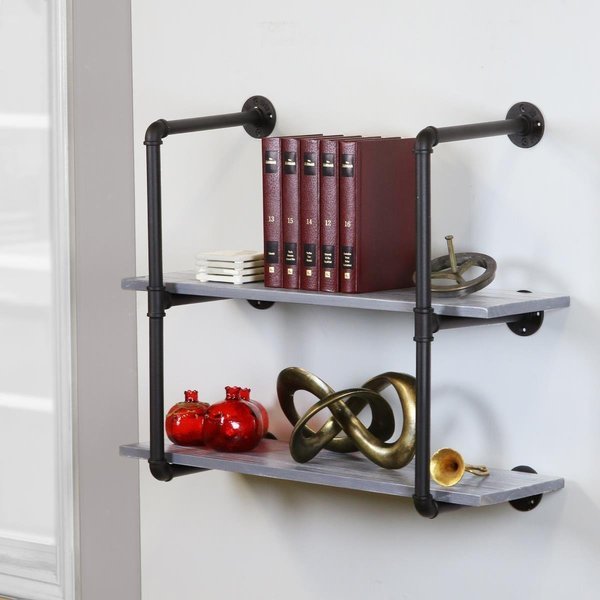 Feduor Pipe 2-Level Weathered Floating Wooden Bookshelves- Black & Gray, Warehouse Of Tiffany, Mfr#: U3-2LVL