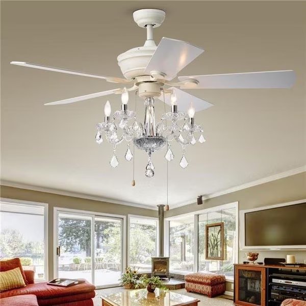 Warehouse of Tiffany CFL-8213WH 26 in. Havorand 5-Light Indoor Hand Pull Chain Ceiling Fan; White, Warehouse Of Tiffany, Mfr#: CFL-8213WH
