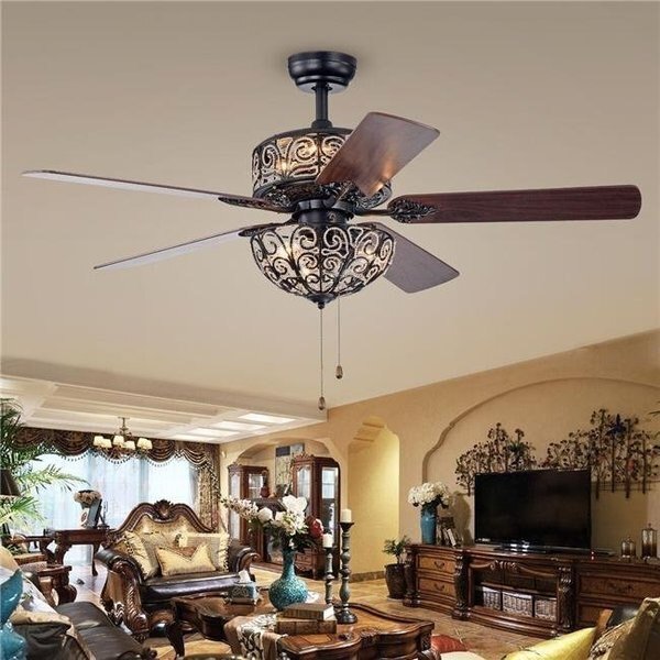 Warehouse of Tiffany CFL-8423MB 52 in. Tisaphon Indoor Hand Pull Chain Ceiling Fan with Light Kit; Black, Warehouse Of Tiffany, Mfr#: CFL-8423MB