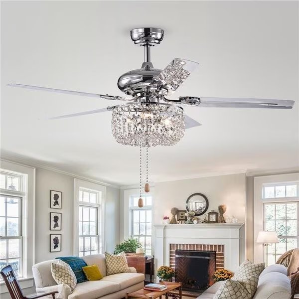 Warehouse of Tiffany CFL-8110CHA 49.2 in. Silver Indoor Hand Pull Chain Ceiling Fan with Light Kit; Chrome, Warehouse Of Tiffany, Mfr#: CFL-8110CHA