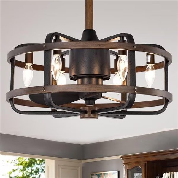 Warehouse of Tiffany CFL-8477S-IGW Carbon Loft Youngberg 3-Blade Fandelier with Caged Metal Wood Frame & Remote - Forged Black; Imitation Wood Grain, Warehouse Of Tiffany, Mfr#: CFL-8477S-IGW