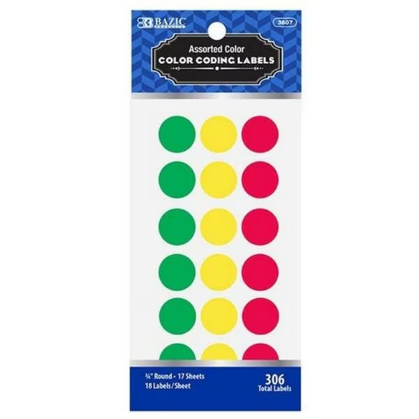 Bazic Assorted Color 3/4-inch Round Label, 7344PK, Bazic Products, Mfr#: 3807