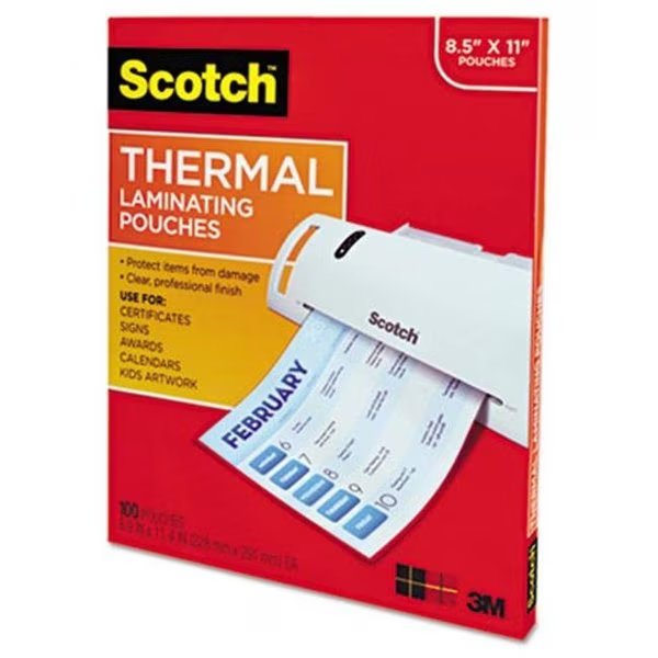 Scotch TP3854-100 Letter size thermal laminating pouches  3 mil  11.5 x 9  100 per pack, Scotch, Mfr#: TP3854-100