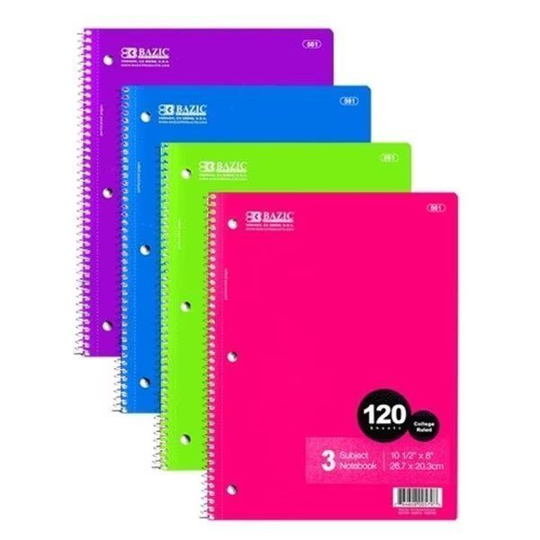 Bazic  561   C/R 120 Ct. 3-Subject Spiral Notebook    Case of 24, Bazic Products, Mfr#: 561