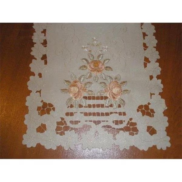Tapestry Trading SY07007-1436 14 x 36 in. Embroidered Peach Rose And Lacy Cutwork Table Runner; Ivory, Tapestry Trading, Mfr#: SY07007/1436