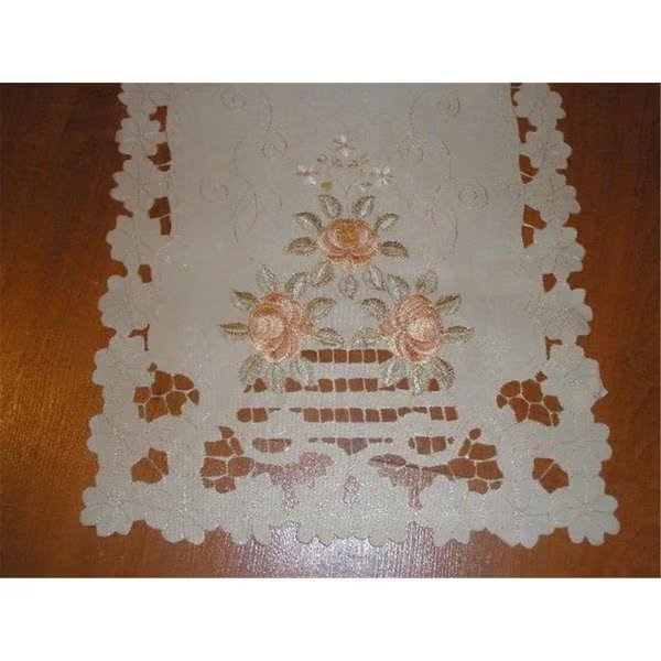 SY07007-1454 14 x 54 in. Embroidered Peach Rose And Lacy Cutwork Table Runner, Ivory, Fastfood, Mfr#: FA2570246