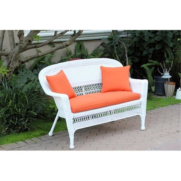 White Wicker Patio Love Seat With Orange Cushion And Pillows, Jeco, Mfr#: W00206-L-FS016-CL