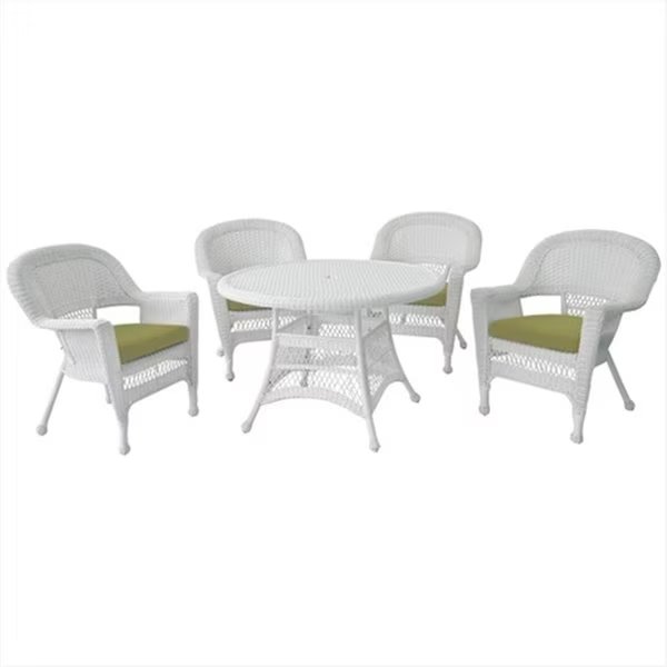 5 Piece White Wicker Dining Set - Green Cushions, Jeco, Mfr#: W00206D-B-G-FS029