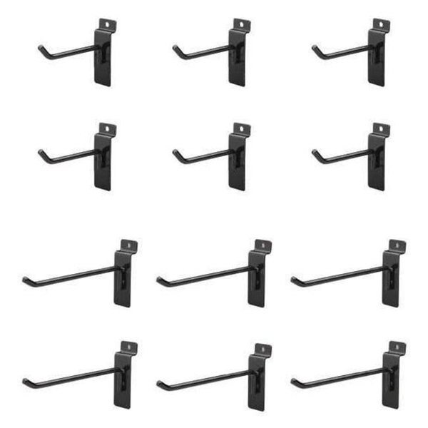Jifram Extrusions; Inc.  Easy Living Easy Wall Bag of Six 4 in. & Six 6 in. 45 Degree Black Metal Slatwall Hooks with Stabalizer & Double Hook Clips, Back2Basics, Mfr#: BA13401