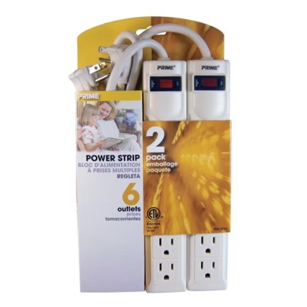 Prime PB8100X2 6 Outlet White Power Strip with 3 ft. Cord, Prime, Mfr#: PB8100X2