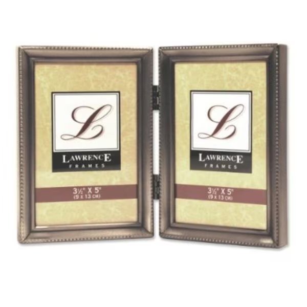 Antique Pewter Hinged Double 3x5 Picture Frame - Beaded Edge Design, Blueprints, Mfr#: BL24877