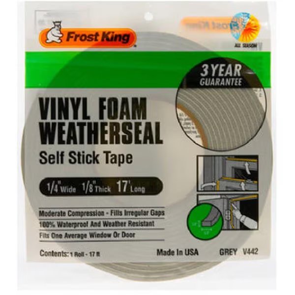 Thermwell V442H Foam Weather-Strip Tape, Gray - 0.25 x 0.12 in., Thermwell Products, Mfr#: TH575066