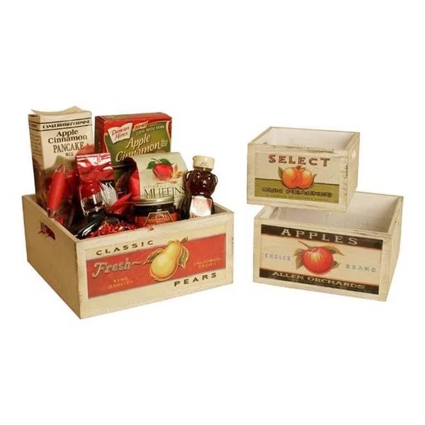 Wald Imports 8115-S3 Square Vintage Fruit Wood Crates with Retro Fruit Artwork; Set of 3, Wald Imports, Mfr#: 8115/S3