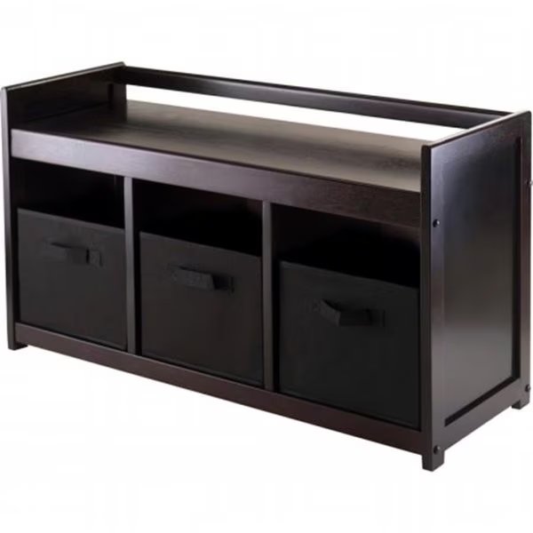 Winsome Trading 92301 Addison 4pc Storage Bench with 3 Foldable Fabric baskets in Black - Espresso - Chocolate, Winsome Trading, Mfr#: 92301