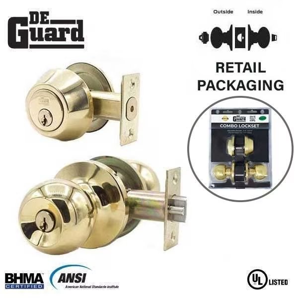 :Premium Entry Combo Lockset - UL Listed - KW1 Keyway - Polished Brass Finish, Deguard, Mfr#: DBL01-PB-KW1-VP