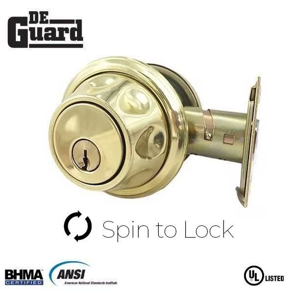 Spin To Lock Deadbolt - Gold - KW1 Keyway, Deguard, Mfr#: DDB05-PB-KW1