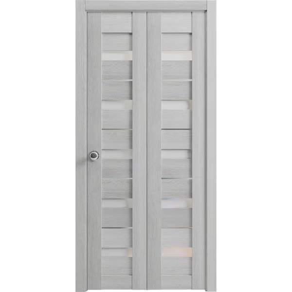 Sliding Closet Bi-fold Doors 84 x 80in, Quadro 4445 Light Grey Oak W/ Frosted Glass, Sturdy Tracks, Sartodoors, Mfr#: QUADRO4445BF-OAK-84