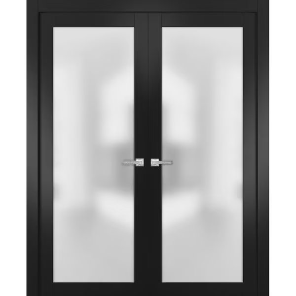 Modern French Double s 64x80" Handles Planum 2102 Black Matte Single Regural  Frame Trims Bathroom, Sartodoors, Mfr#: PLANUM2102DD-BLK-64