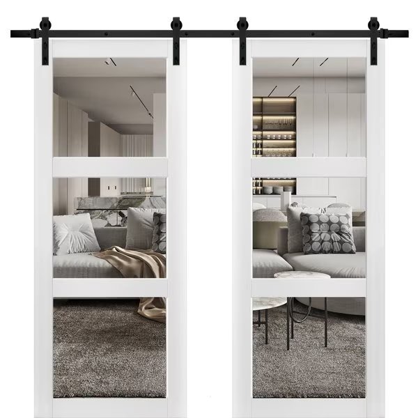 Double Barn Interior Door, 64" x 80", White, Sartodoors, Mfr#: LUCIA2555DB-BEM-64