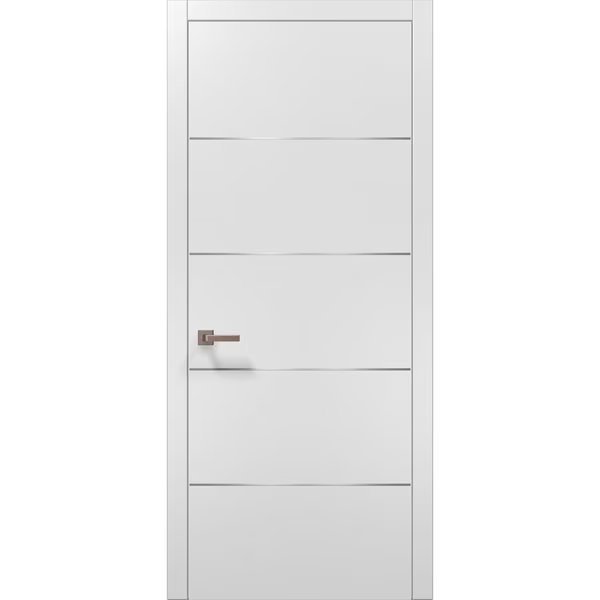 Pre-hung White Modern 30x80 Strips Planum 0020 Frame Trims Lever Satin Nickel Hardware Closet Core, Sartodoors, Mfr#: PLANUM20ID-BEM-30