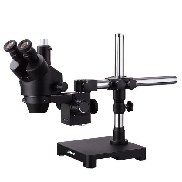 7X-45X Black Trinocular Stereo Zoom Microscope on Single-Arm Boom Stand, Amscope, Mfr#: SM-3T-B