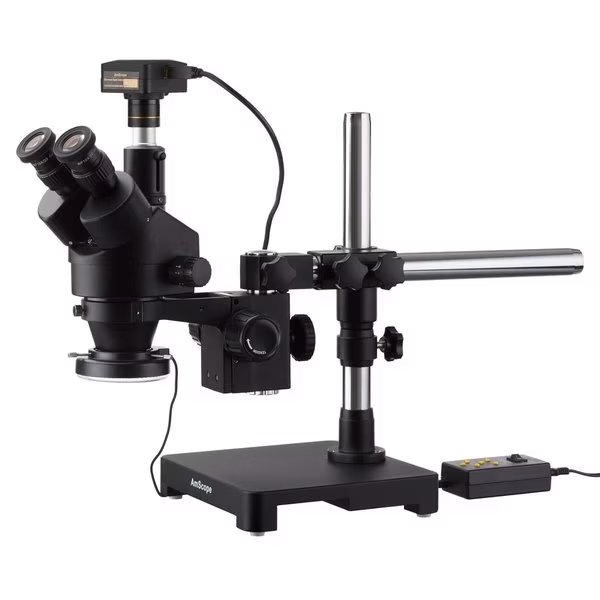 3.5X-180X Trinocular Stereo Zoom Microscope, Single-Arm Boom Stand, 144-LED Light, USB 3 5MP Camera, Amscope, Mfr#: SM-3TZZ-144A-5M3-B