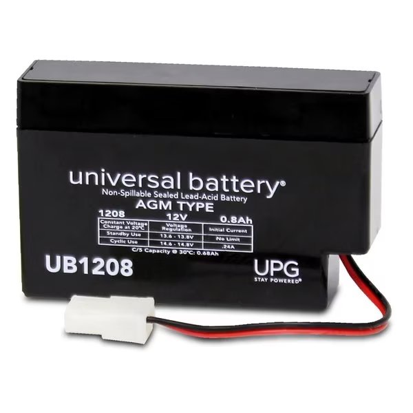 Sealed Lead Acid Battery, 12 V, .8Ah, UB1208, WL (Wire Lead) Terminal with Amp Connector, AGM Type, Upg, Mfr#: 45791