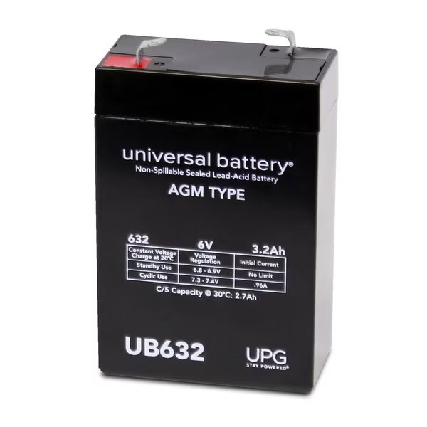 Sealed Lead Acid Battery, 6 V, 3.2Ah, UB632, F1 (Faston Tab) Terminal, AGM Type, Upg, Mfr#: D5695