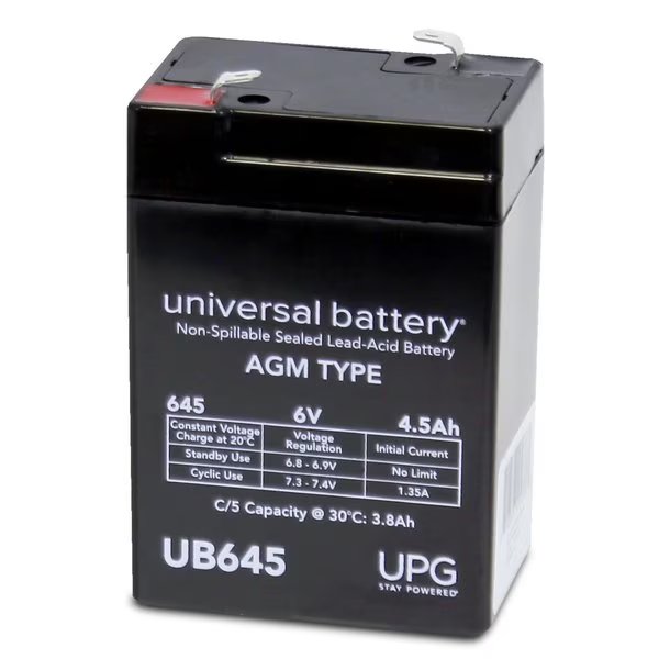 Sealed Lead Acid Battery, 6 V, 4.5Ah, UB645, F1 (Faston Tab) Terminal, AGM Type, Upg, Mfr#: D5733