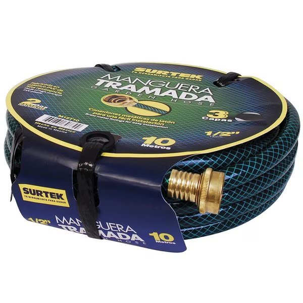 Green Woven Garden Hose with Metallic Connector 12 10M Reel, Surtek, Mfr#: M12T10