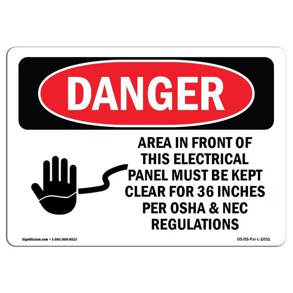 Safety Sign, OSHA Danger, 12" Height, Aluminum, Electrical Panel Keep Clear, Landscape, Signmission, Mfr#: OS-DS-A-1218-L-1031
