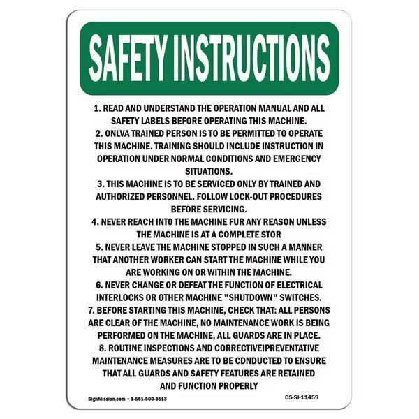 OSHA SAFETY INSTRUCTIONS, 10" Height, Aluminum, 10" x 7", Portrait, 1. Read And Understand Operation, Signmission, Mfr#: OS-SI-A-710-V-11459