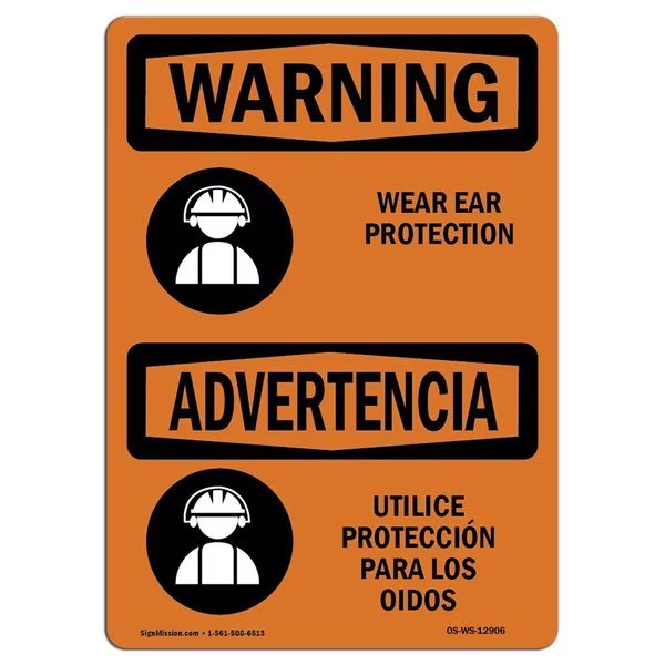 OSHA, Wear Ear Protection Bilingual, 10in X 7in Alum, 10" W, 7" H, Landscape, OS-WS-A-710-L-12906, Signmission, Mfr#: OS-WS-A-710-L-12906