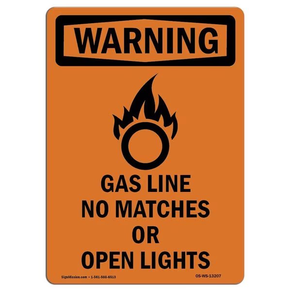 Safety Sign, OSHA WARNING, 7" Height, Gas Line No Matches, Portrait, Signmission, Mfr#: OS-WS-D-57-V-13207