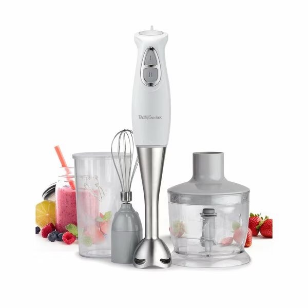 Immersion Blender, 2-Speed, Stainless Steel Blade, Beaker & Whisk, 250W, White, Betty Crocker, Mfr#: BC-4306W