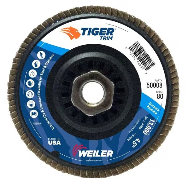 4-1/2" Tiger Flap Disc, Conical (TY29), Backing, 80Z, 5/8"-11 UNC, Weiler, Mfr#: 50008