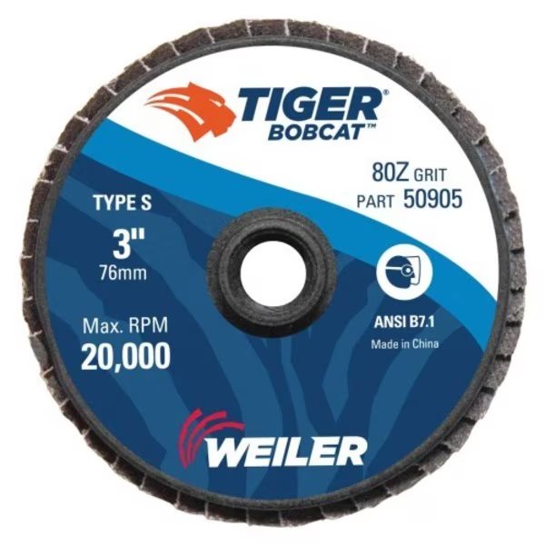 3" BobCat Mini Abrasive Flap Disc, Conical (TY29), Type S Mount, 80Z, Weiler, Mfr#: 50905
