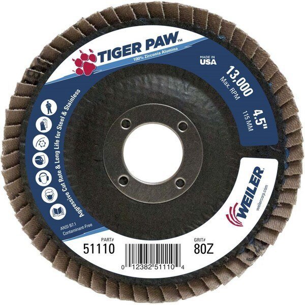 4-1/2" Tiger Paw Abrasive Flap Disc, Flat (TY27), 80Z, 7/8", Weiler, Mfr#: 51110